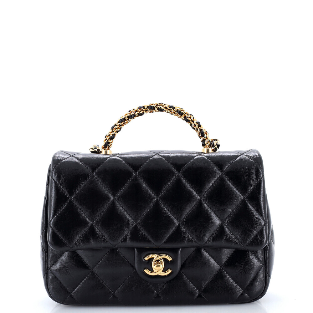 Chanel Medium Twisted Chains Top Handle Fap Bag Quilted Shiny Lambskin